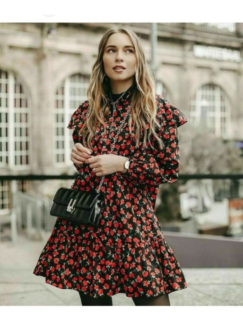 ZARA XS High Neck Black Rose Poppy Floral Cotton Mini Dress Long Sleeve Tiered R